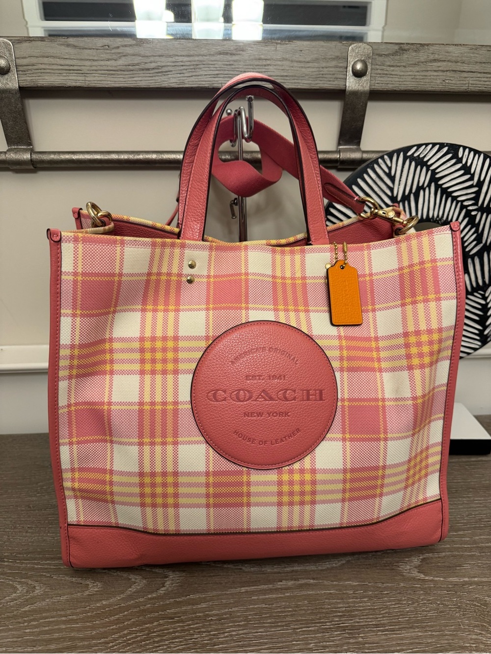 COACH Dempsey 40 Pink Plaid Leather-Trim Tote Bag